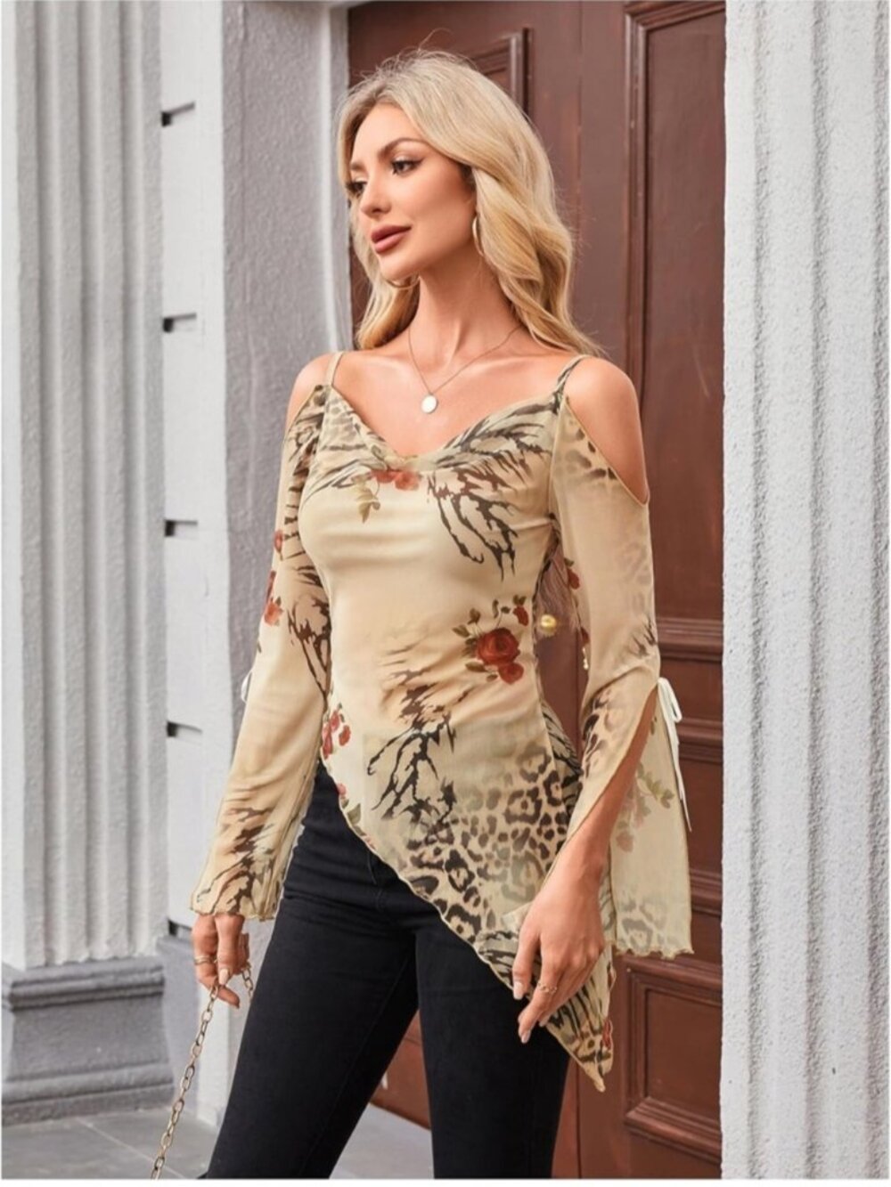 Y2K Floral Cheetah Print sheer Top Cold Shoulder Asymmetrical Lettuce Trim Shirt - Picture 3 of 7